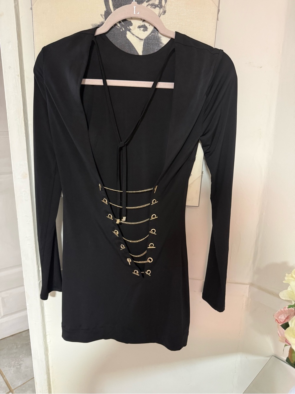 House of CB Black Long-Sleeve Backless Mini Dress with Gold Chain Detail